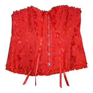 Red Brocade Corset Top Women’s L Satin Ribbon‎ Lace Up Bustier Gothic Y2K V-Day